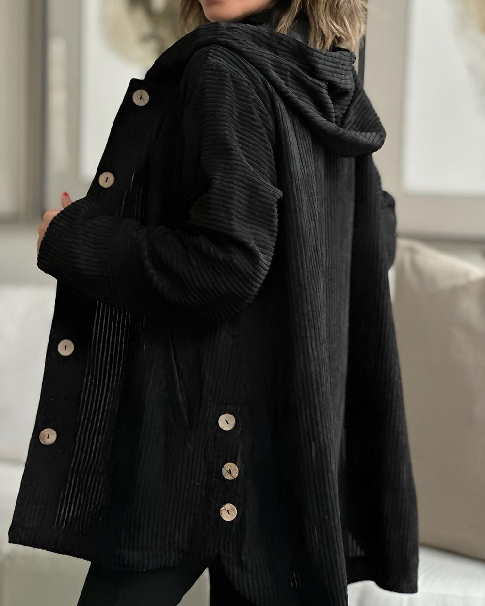 Women's Autumn Corduroy Jacket with Hood and Pockets – Solid Color