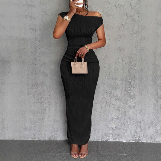Women's One-Shoulder Midi Dress with Textured Details and Short Sleeve – Elegant