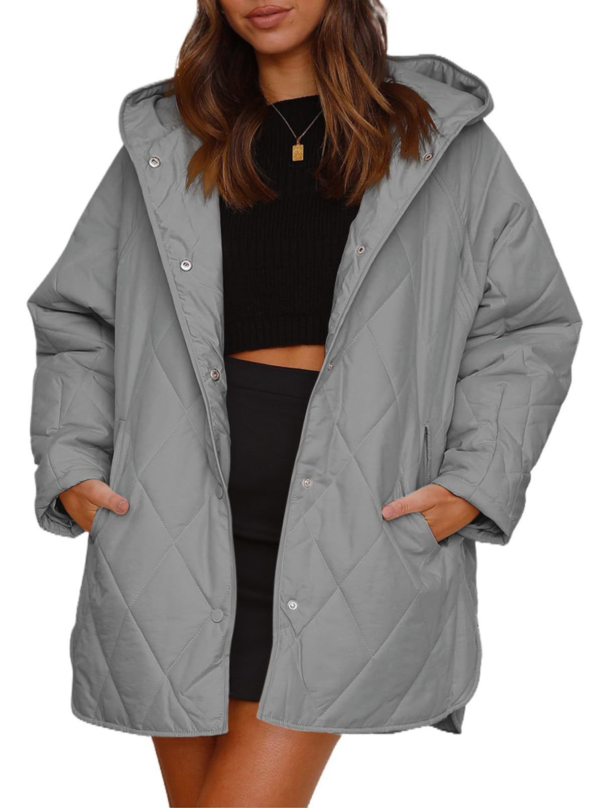 Women's Quilted Diamond Jacket with Hood and Front Pockets