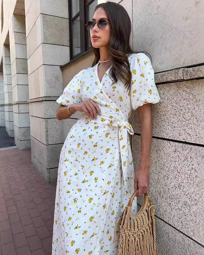 Vestido de Verano para Mujer Floral con Escote en V y Atadura Frontal – Vestido Elegante de Verano