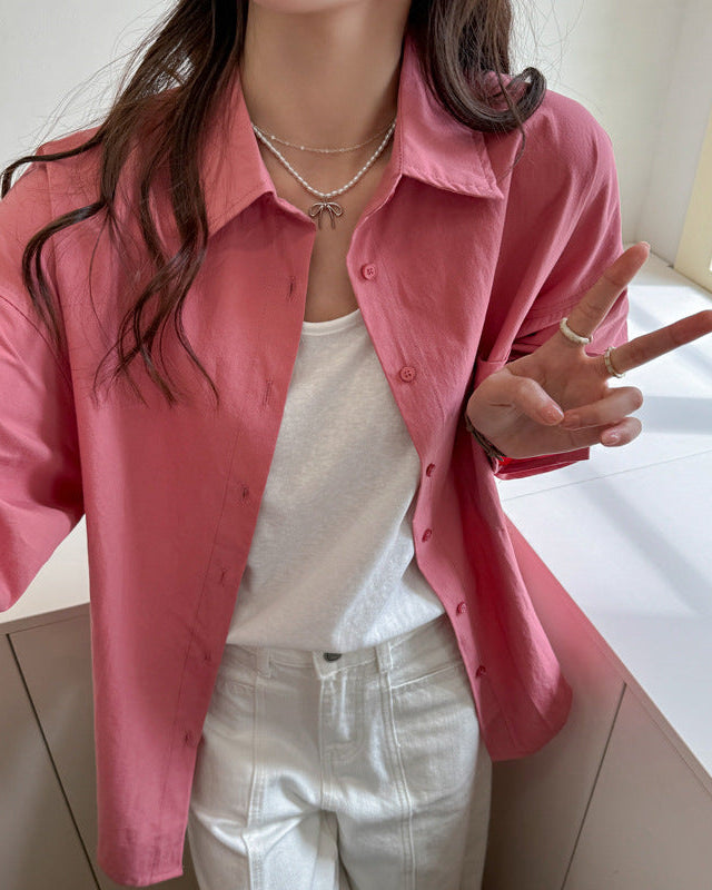 Women's Long Sleeve Solid Color Shirt with Loose Fit and Plus Sizes