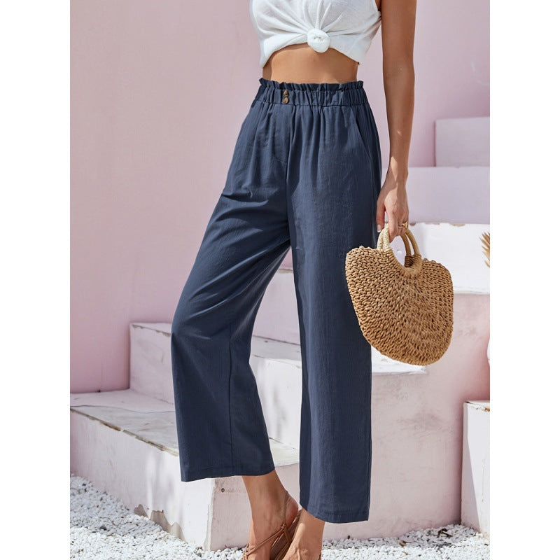 Women's High-Waisted Straight Casual Pants – Linen Style in Cotton Blend