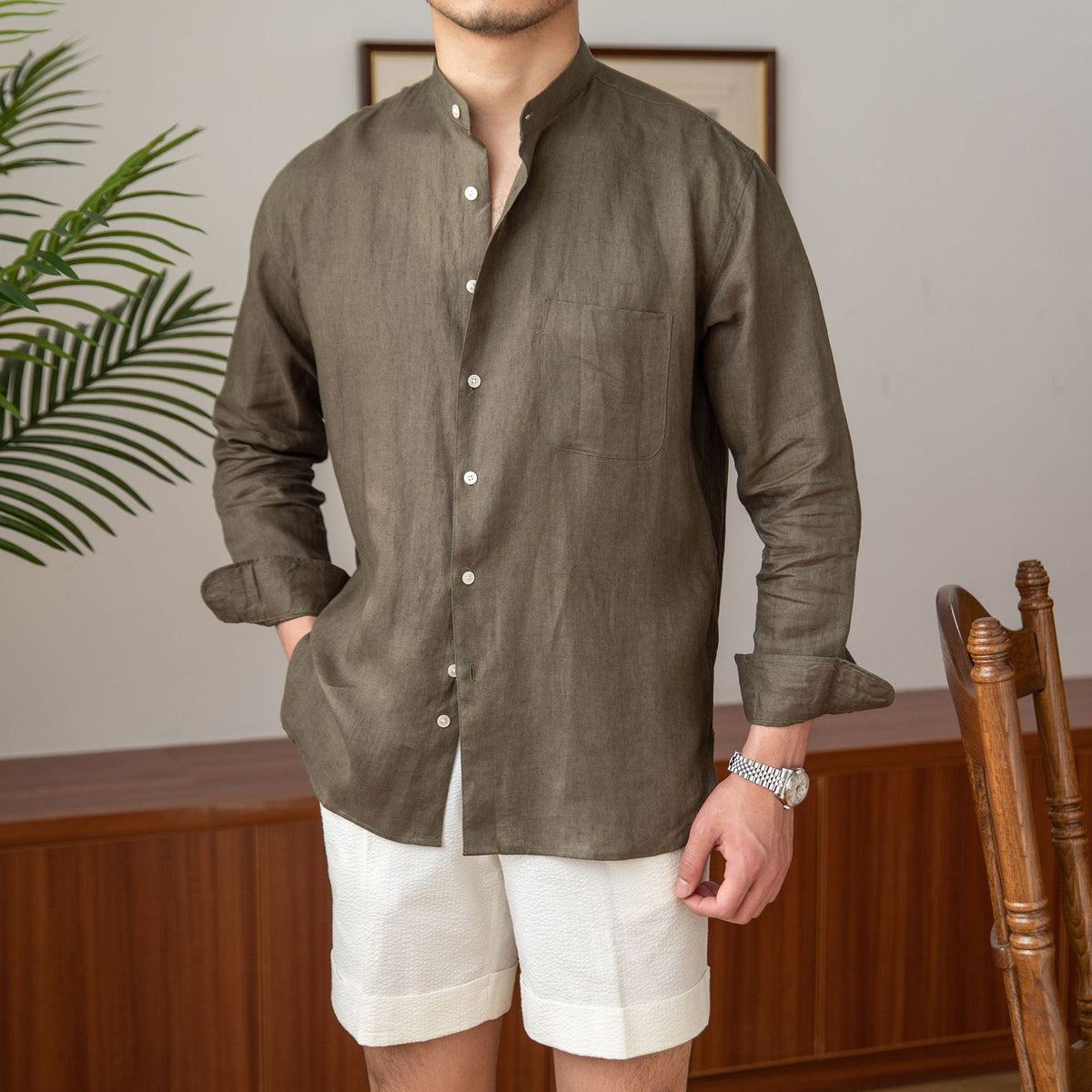 Camisa de verano para hombre de lino, color verde caqui, con tejido ligero