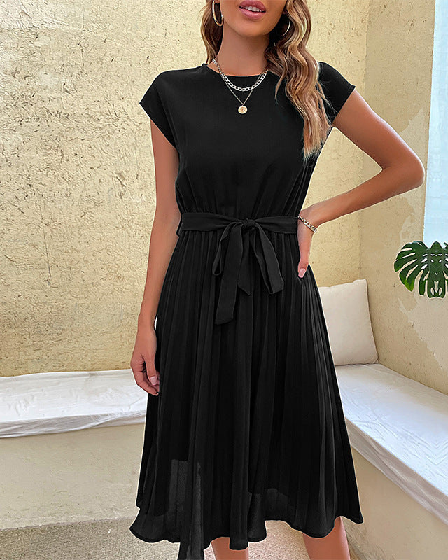Pleated Women's Summer Dress with Round Neckline and Waist Belt