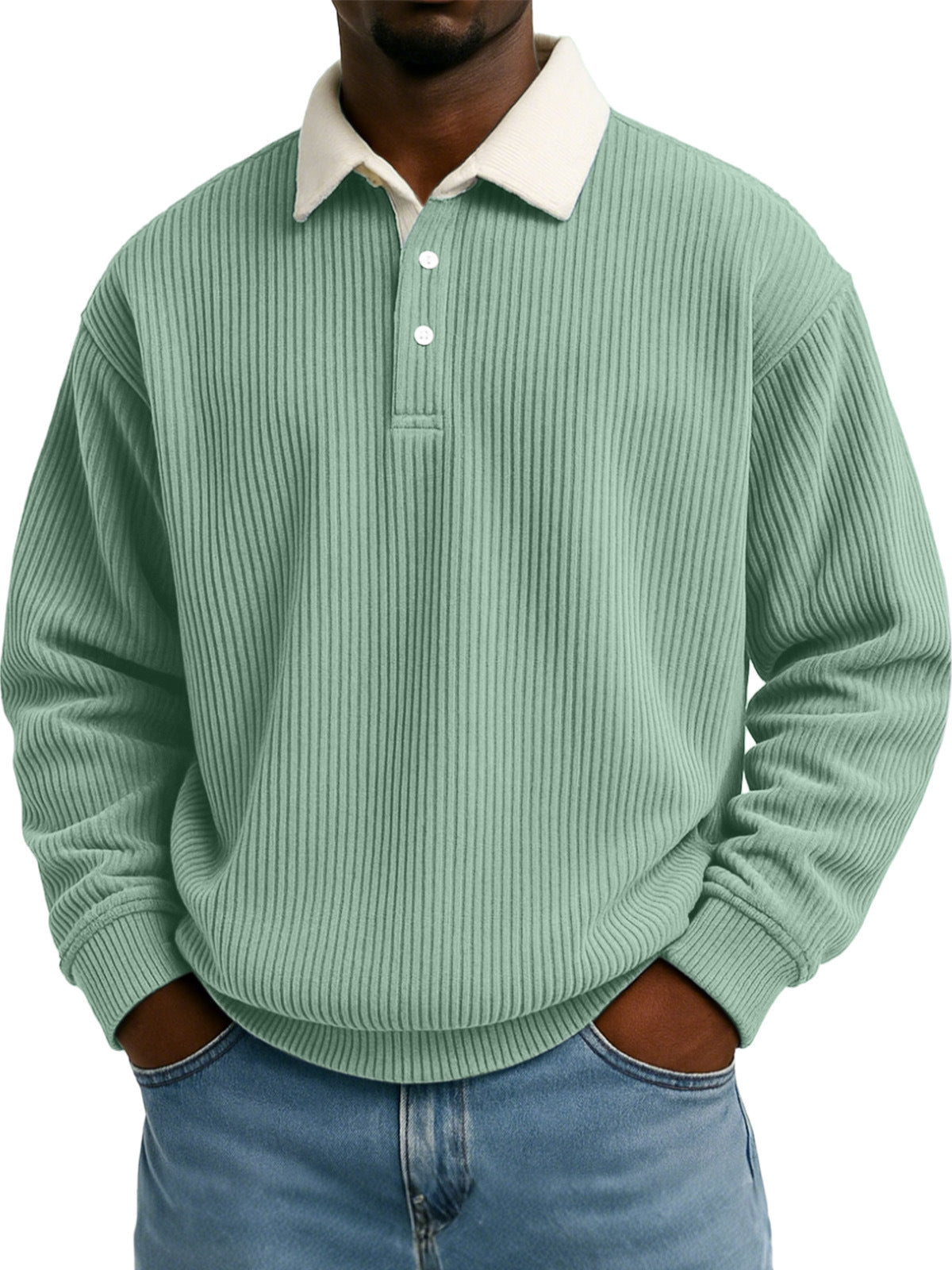Camisa de hombre de pana retro color block con estampado de rayas y manga larga