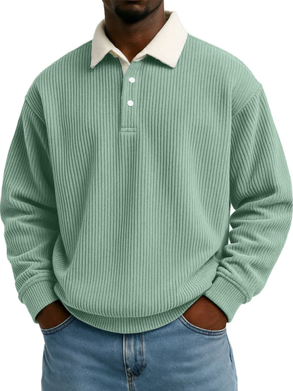 Camisa de hombre de pana retro color block con estampado de rayas y manga larga