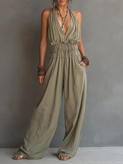 Women’s V-Neck Jumpsuit with Halter Neck and Wide-Leg Pants