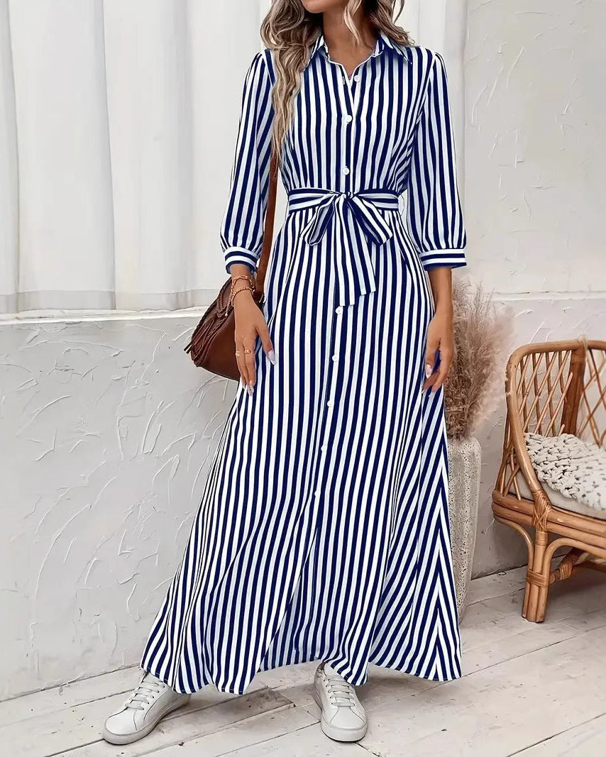 Vestido camisero de mujer a rayas con cuello de solapa y botones delanteros
