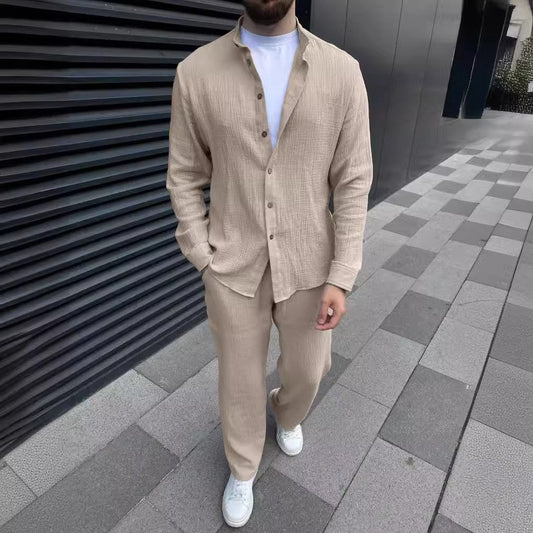 Men's Two-Piece Suit with Long-Sleeve Shirt and Cropped Pants – Coordinated Casual Set