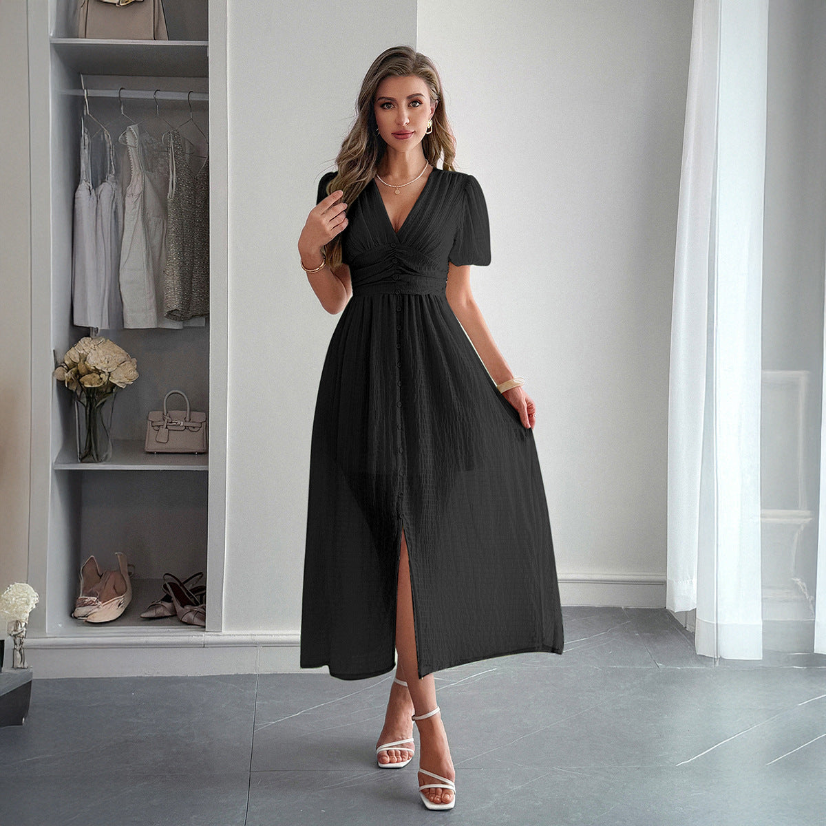 Women's Long Summer Dress with Deep V-Neck and Pleated Detail – Elegant Maxi Summer Dress