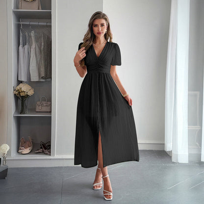 Women's Long Summer Dress with Deep V-Neck and Pleated Detail – Elegant Maxi Summer Dress