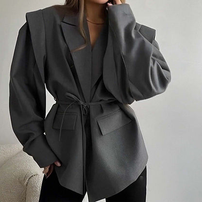 Chaqueta ligera de mujer para primavera con escote en V, cierre de lazada y mangas largas