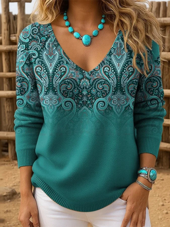 Maglione Donna Scollo a V con Stampa e Vestibilità Regolare – Uso Quotidiano