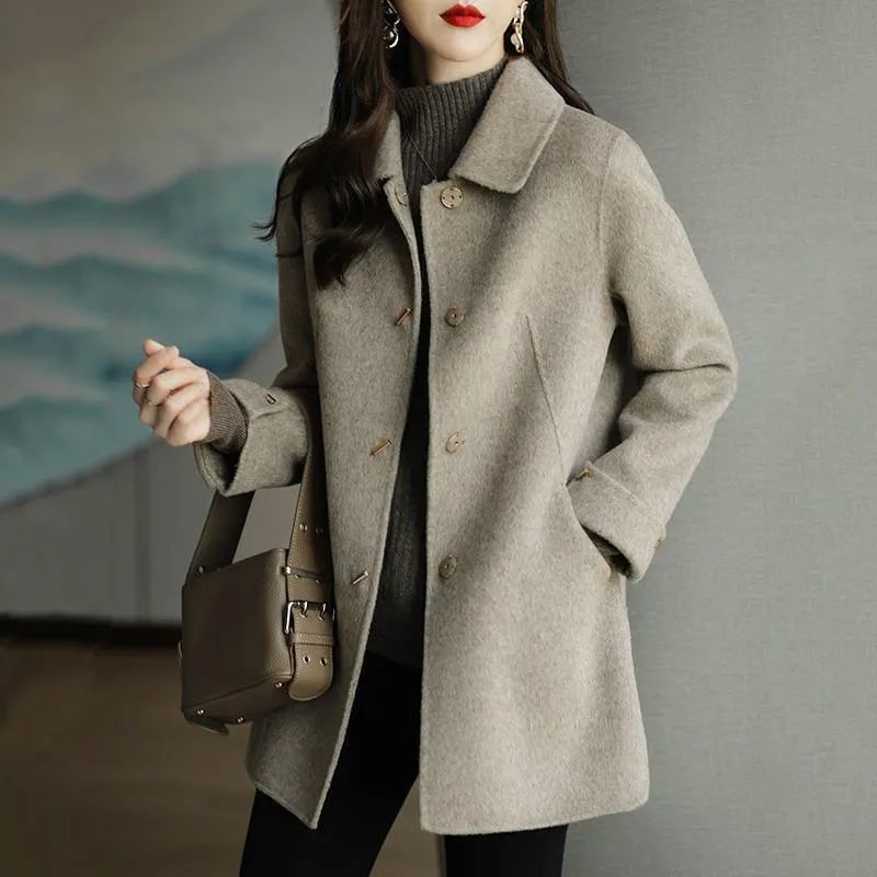 Women's Mid-Length Autumn Coat with Slim Fit and Long Sleeves