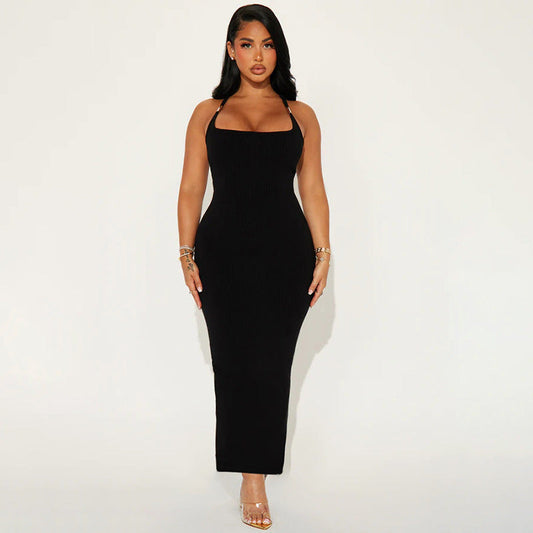 Women's Maxi Dress with Halter Neck and Metallic Detail – Elegant Bodycon Dress