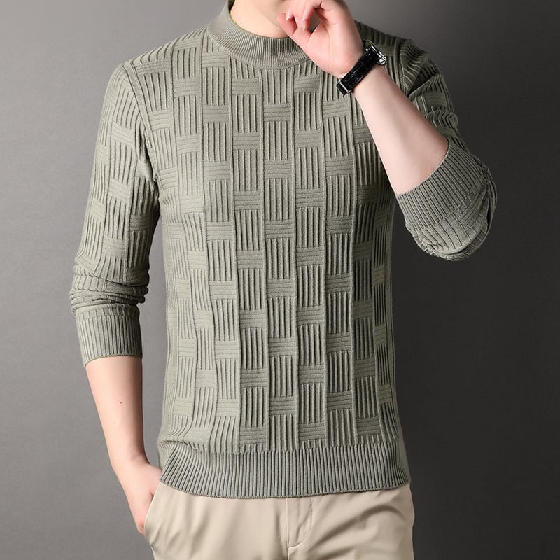 Men's Pullover Sweater with Crew Neck and Scottish Jacquard Pattern