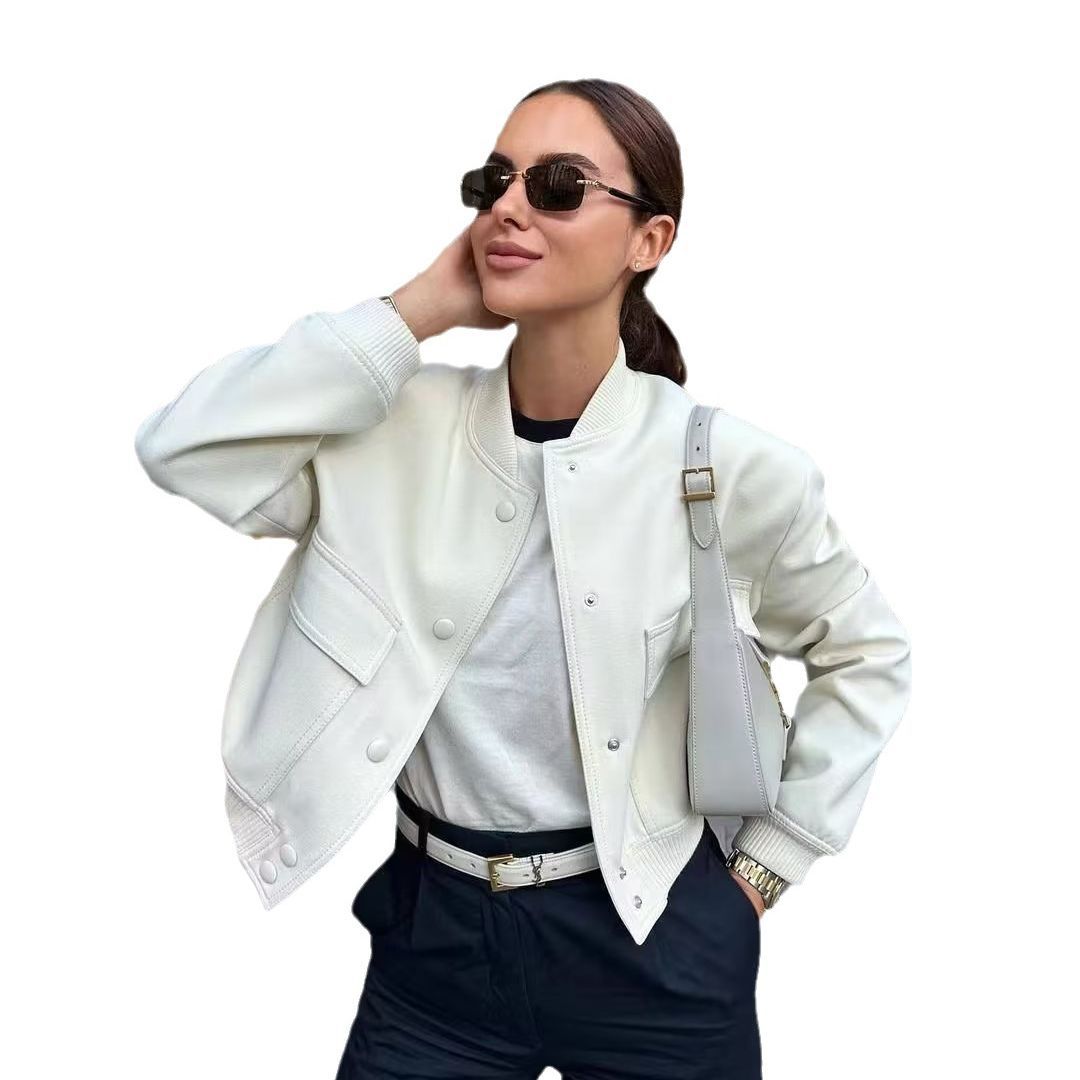 Chaqueta bomber de mujer para otoño con bolsillos delanteros y diseño liso