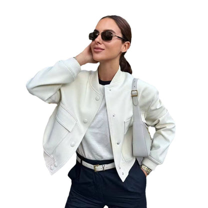 Chaqueta bomber de mujer para otoño con bolsillos delanteros y diseño liso