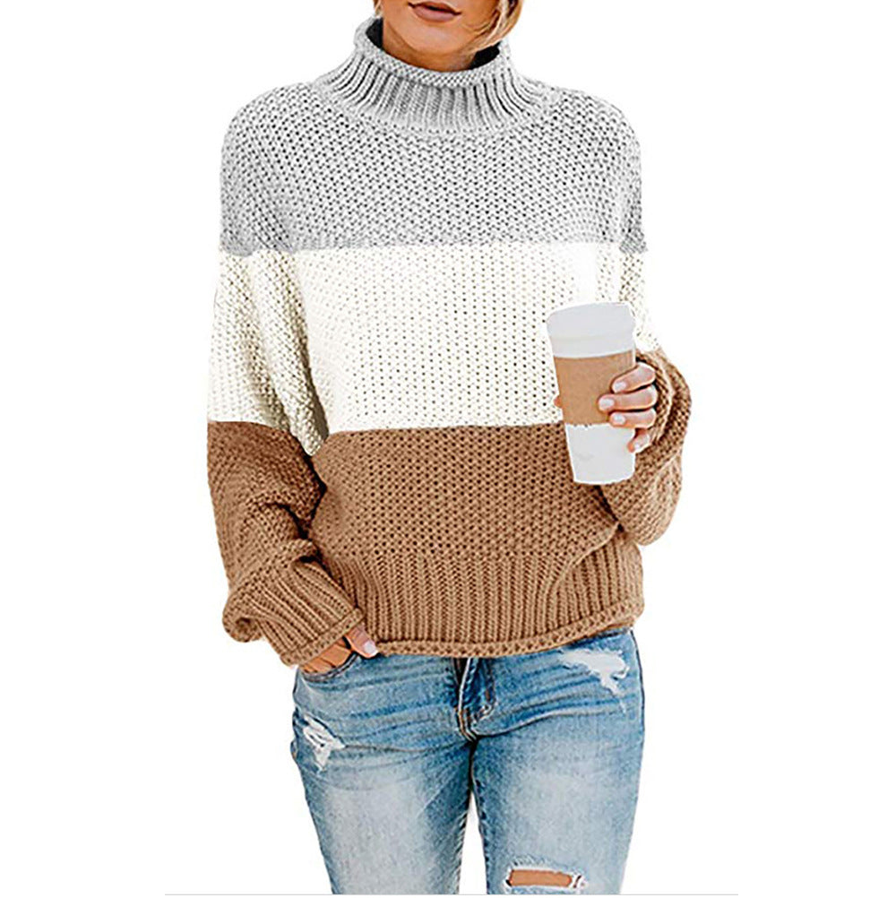 Maglione Pullover Donna a Collo Alto con Maniche Lunghe e Motivo a Blocchi di Colore