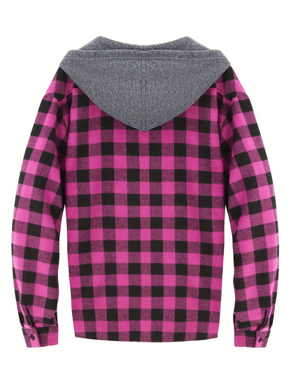 Men's Autumn Flannel Shirt-Jacket with Hood and Checkered Pattern