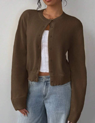 Cárdigan de punto ajustado para mujer con cuello redondo y mangas largas