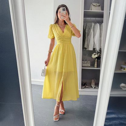 Women's Long Summer Dress with Deep V-Neck and Pleated Detail – Elegant Maxi Summer Dress