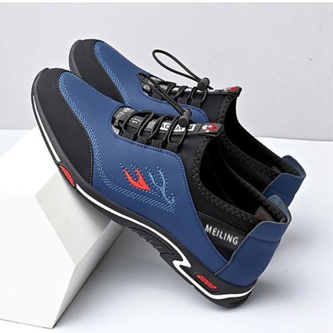 Scarpe sportive da uomo blu e nere, design moderno con dettagli rossi, suola antiscivolo, ideali per corsa e attività all'aperto.