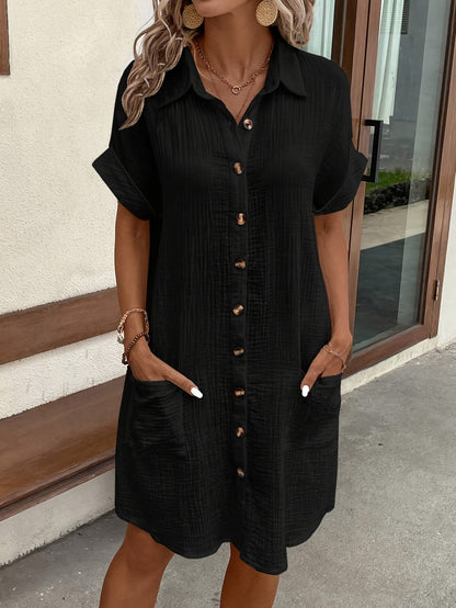 Women's Shirt Dress with Collar and Front Buttons – Versatile Casual Style