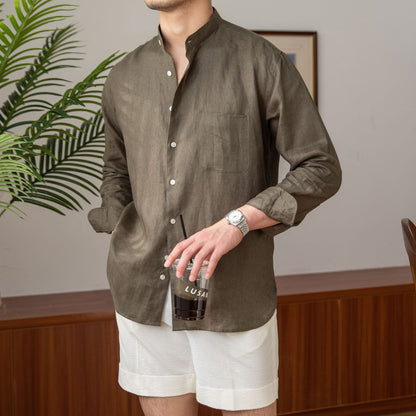 Camisa de verano para hombre de lino, color verde caqui, con tejido ligero