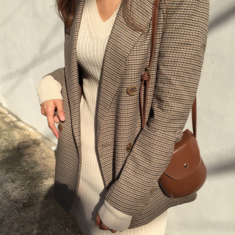 Women's Autumn Suit Jacket with Houndstooth Pattern, Long Sleeves, Single-Breasted Blazer