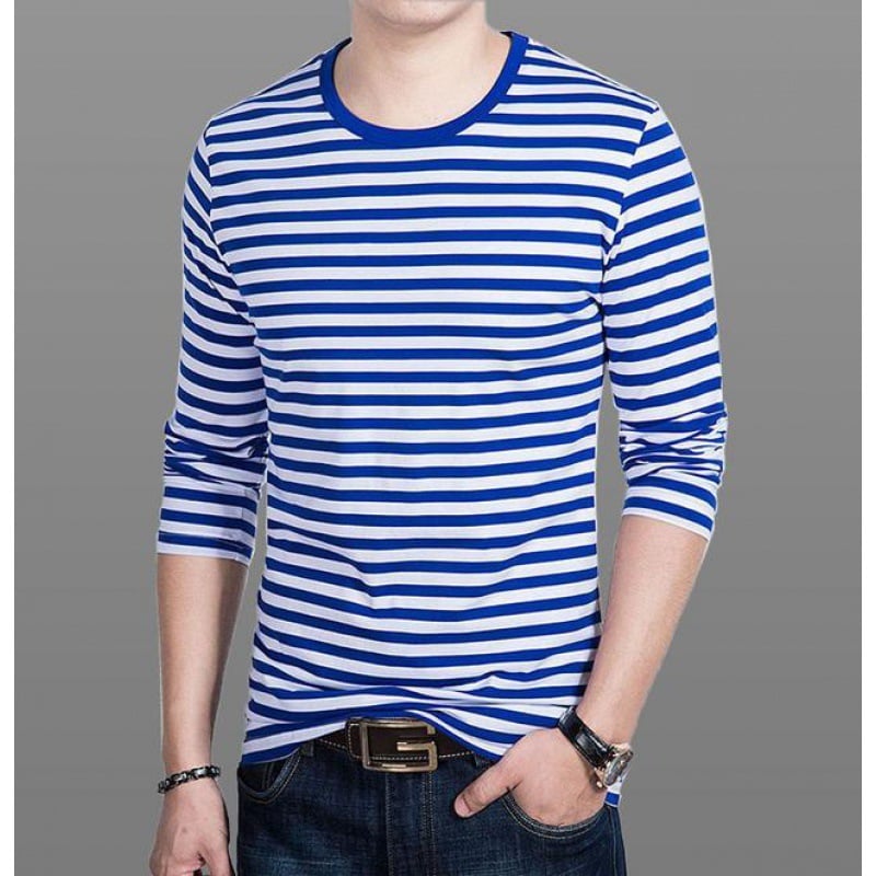 Men's Long Sleeve Shirt with Round Neck and Striped Pattern