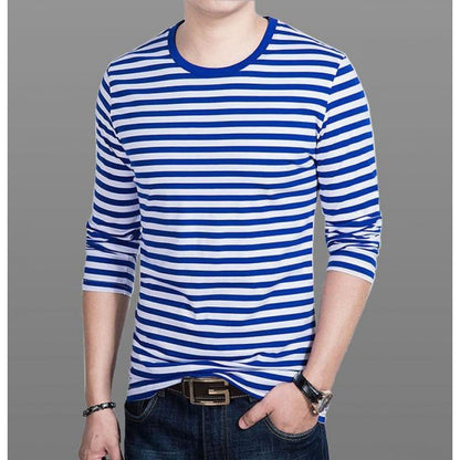 Men's Long Sleeve Shirt with Round Neck and Striped Pattern