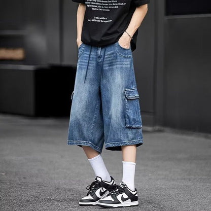 Herre Capri-bukser i denim med mange lommer og rummelig pasform