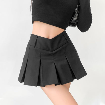 Gonna Mini da Donna a Campana con Vita a V, Pieghe e Shorts Interni