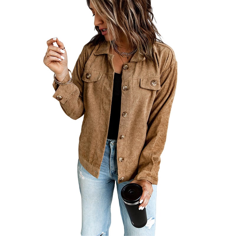 Giacca Camicia Donna con Colletto a Revers, Tasche Frontali e Orlo Irregolare