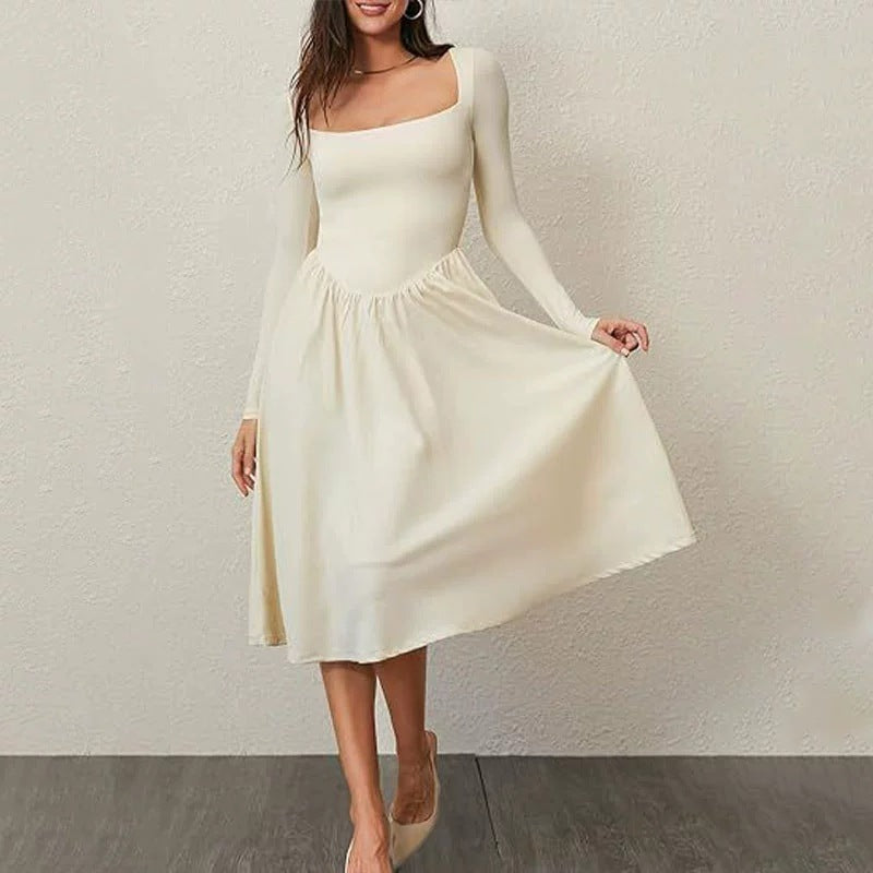 Abito Midi Donna a Linea A con Girocollo e Maniche Lunghe – Tinta Unita