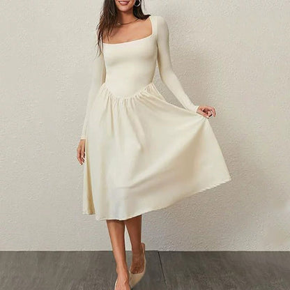 Abito Midi Donna a Linea A con Girocollo e Maniche Lunghe – Tinta Unita