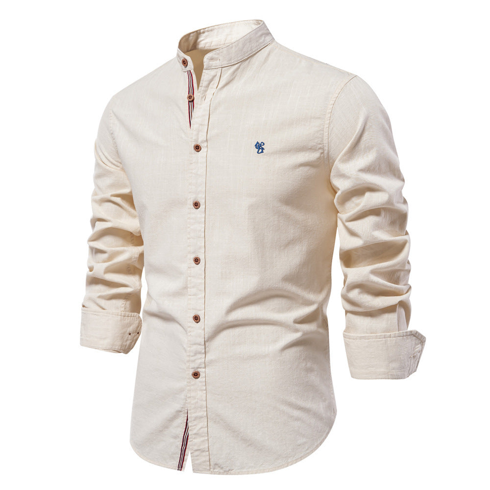 Camisa de verano para hombre de mezcla de algodón y lino, con cuello mao y mangas largas.