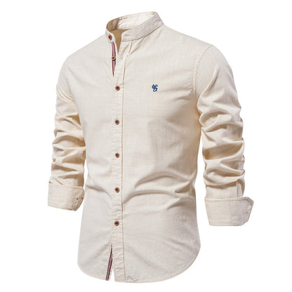Camisa de verano para hombre de mezcla de algodón y lino, con cuello mao y mangas largas.