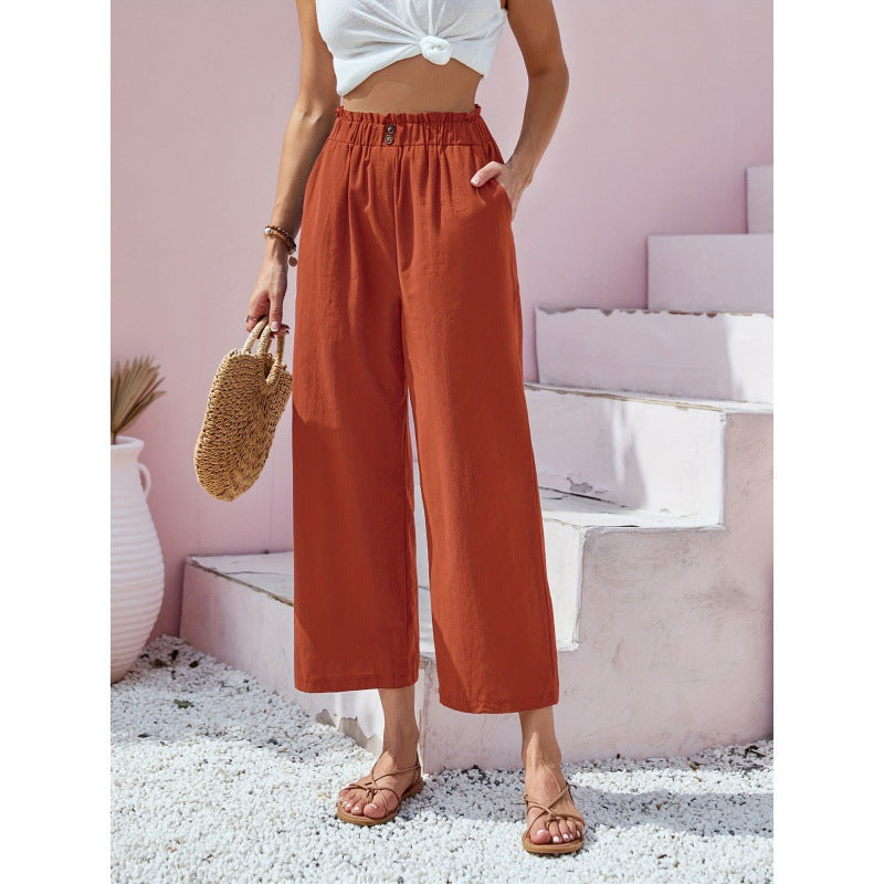 Women's High-Waisted Straight Casual Pants – Linen Style in Cotton Blend