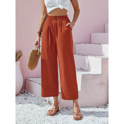 Women's High-Waisted Straight Casual Pants – Linen Style in Cotton Blend