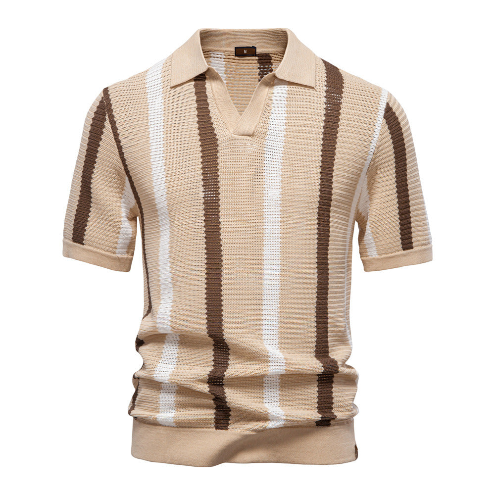 Polo Uomo Estiva a Maniche Corte con Motivo Traforato a Righe – Stile Elegante Casual