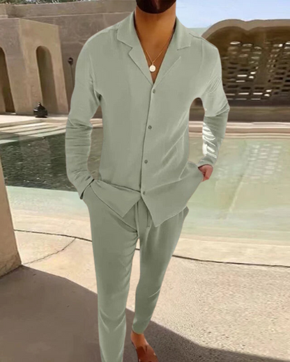 Conjunto de Hombre de Lino Primaveral Camisa y Pantalones Ligero y Transpirable