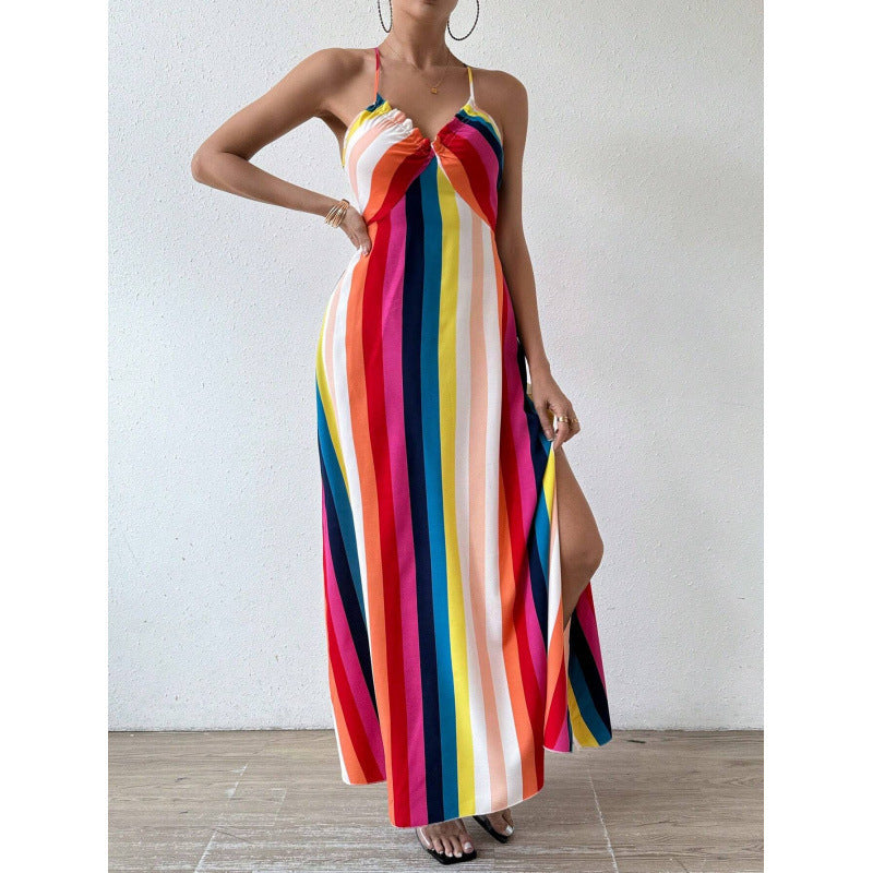Abito Midi Donna a Righe Arcobaleno Senza Maniche – Abito Bodycon Elegante