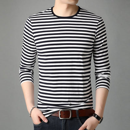 Men's Long Sleeve Shirt with Round Neck and Striped Pattern