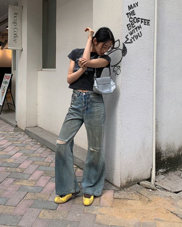 Jeans da Donna in Denim a Gamba Dritta con Strappi Stile Retrò