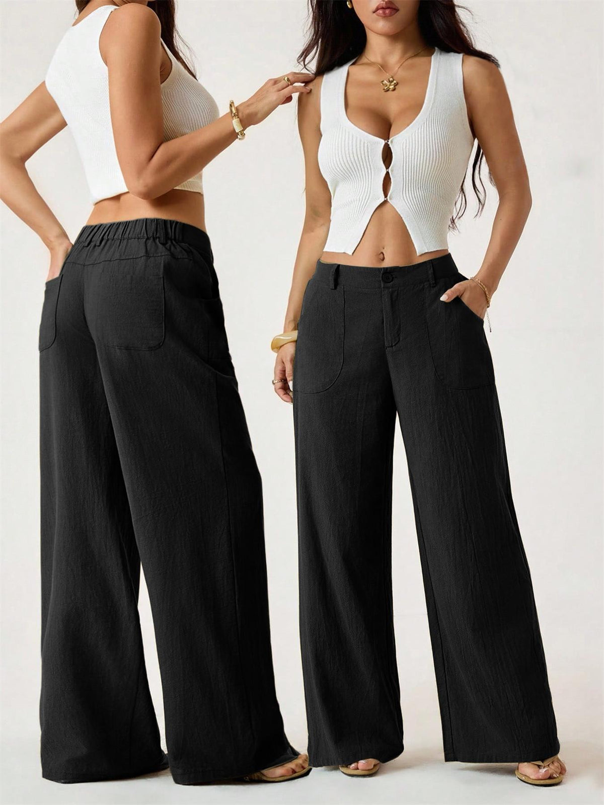 Pantaloni Da Donna Primaverili In Cotone E Lino A Gamba Larga, Con Vita Media E Tasche Laterali.