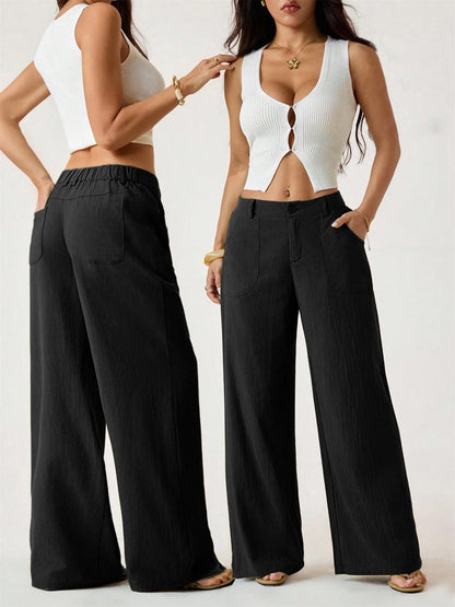Pantaloni Da Donna Primaverili In Cotone E Lino A Gamba Larga, Con Vita Media E Tasche Laterali.