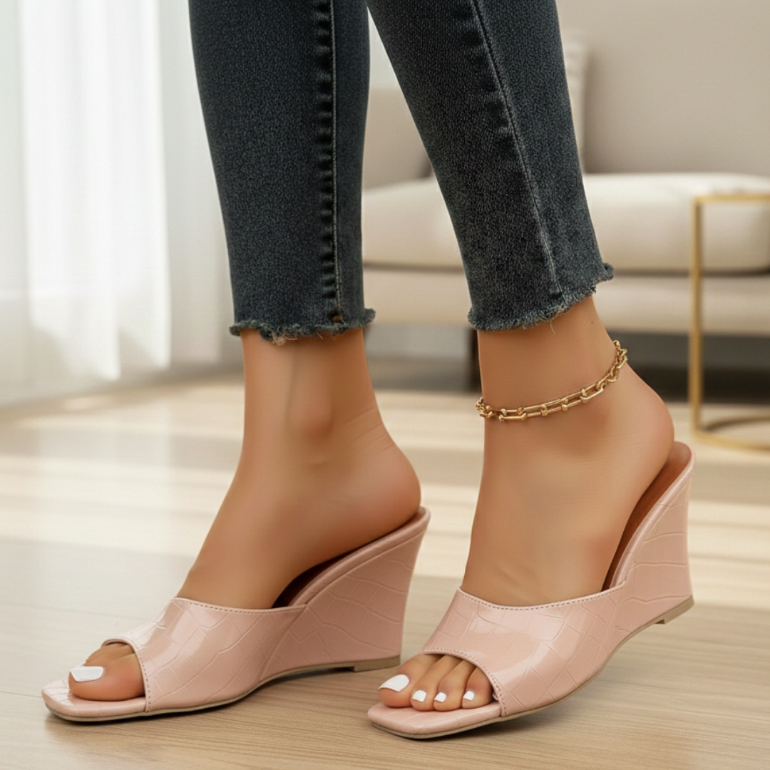 Sandalias de cuña de verano para mujer tipo slip-on con punta cuadrada – Parte superior texturizada y suela plataforma