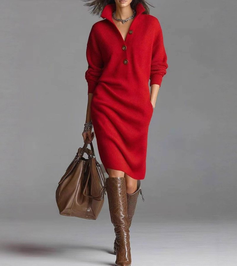 Abito Invernale Donna Maglia Colletto Bottoni Maniche Lunghe Tasche Laterali